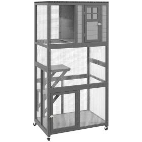 PawHut 74" Wooden Catio Outdoor Cat House Weatherproof & Wheeled, Outside Cat Enclosure with High Weight Capacity, Kitten Cage Condo, Light Gray