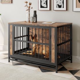 Dog Crate Furniture, Wooden Dog Crate Table, 38.9" Dog Kennel with 2 Sliding Doors and Thick Iron Door Frame