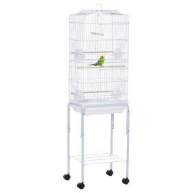 PawHut 60" Metal Indoor Bird Cage Starter Kit with Detachable Rolling Stand, Storage Basket, and Accessories, White